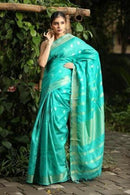 Dark Green Handwoven Linen Saree with Zari Border With heavy border work