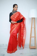 Red Silk Linen Saree & Gold Jamdani Work Pallu With Blouse