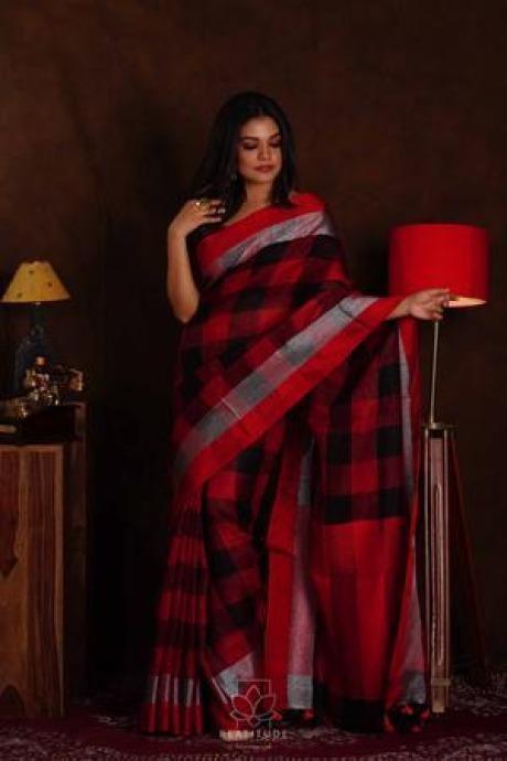 Red and Black Handwoven Linen Saree With Blouse