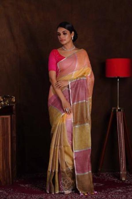 Classy Multicolor Handwoven Linen Saree With golden border