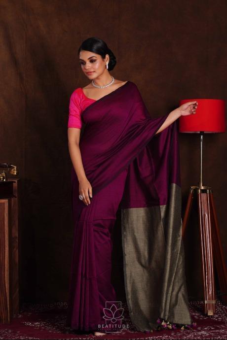 Maroonish Wine Shade Handwoven Khadi Cotton Silk Saree with Blouse