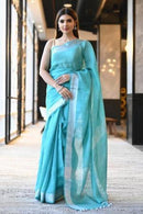 Sea Green Handwoven Linen Saree With Blouse