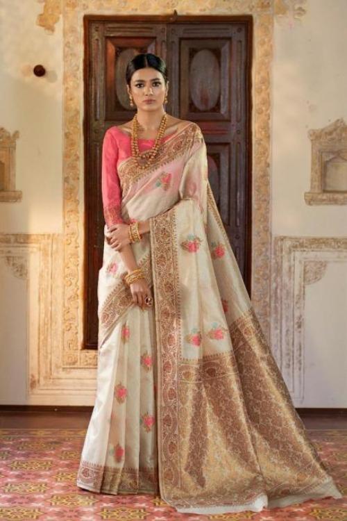 Off-white & peach woven Banarasi Brocade Saree