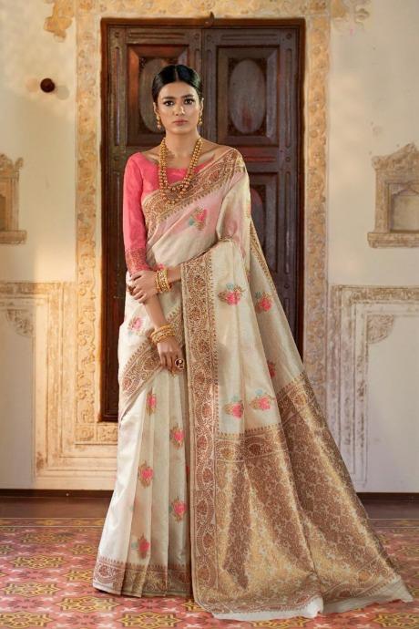 Off-white & peach woven Banarasi Brocade Saree With Blouse SY 6257