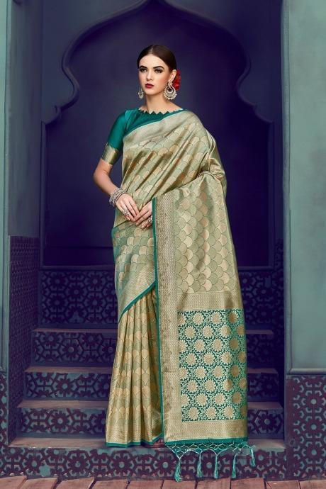 Peacock green woven banarasi brocade Saree With Blouse