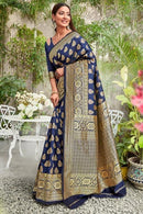 Navy blue woven Banarasi Brocade Saree With Blouse