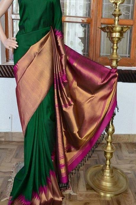 Fashionable Banarasi Pure Soft Silk Navy C Green Colour Saree SY 5888