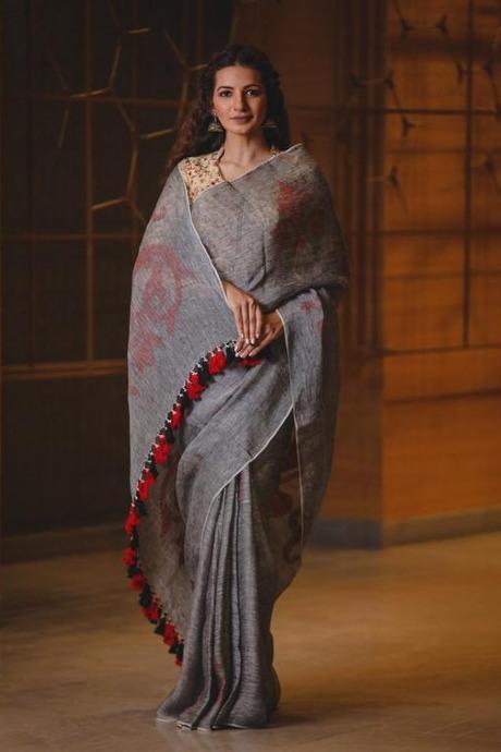 Classic Grey Color Linen Designer Khadi Cotton Saree party wear saree