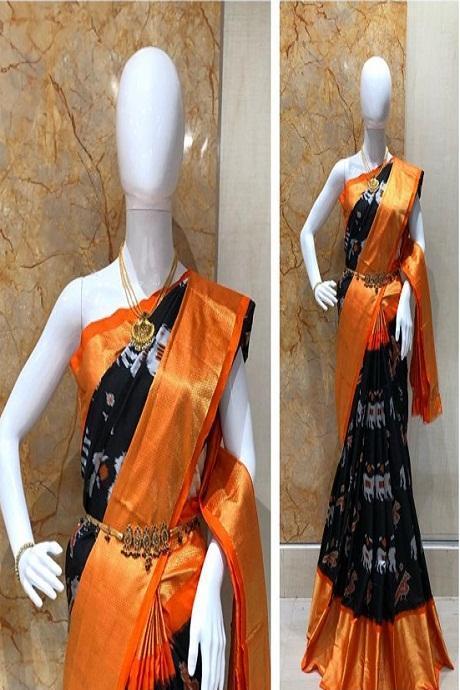 Superior Black And Orange Colored Hand Weaving Soft Silk Ikat Sari SY 988