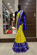 Superior Yellow And Blue Colored Hand Weaving Soft Silk Sarees,Sari