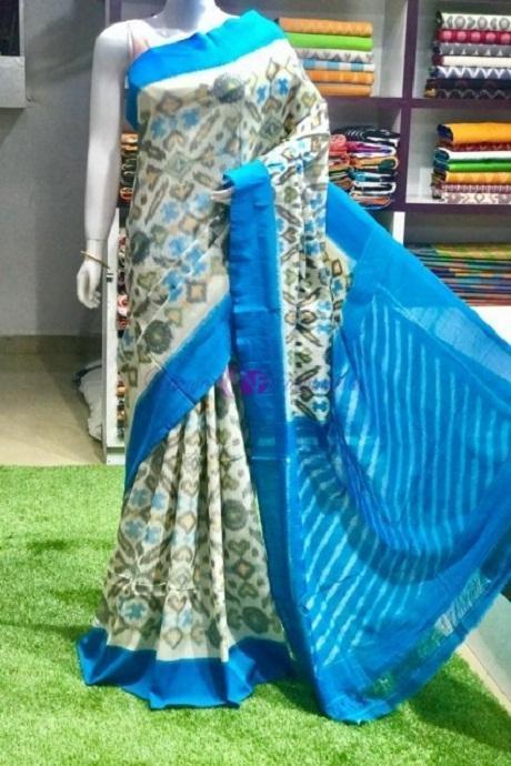 Off White N Sky Blue Colored Designer Cotton soft Silk Sarees,Sari