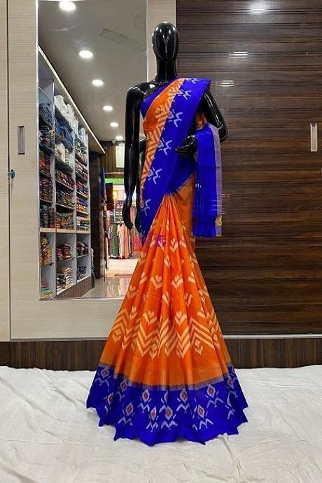 Imposing Blue and Orange Color Soft Silk Designer Ikat Sarees SY 998