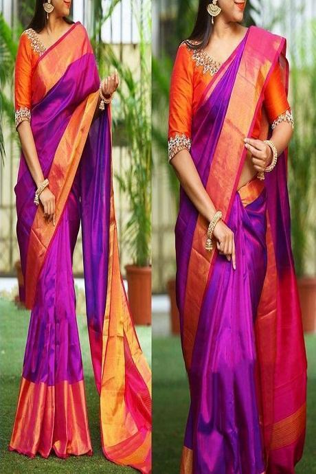 Orange Color Hand Loom Party Wear Linen Digital Print Saree SY 801