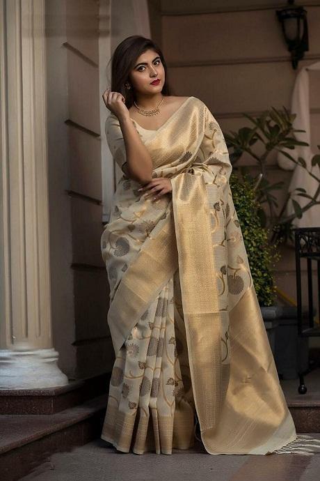 Off White Color Party Wear Hand Weaving Soft Silk  Sari SY 937