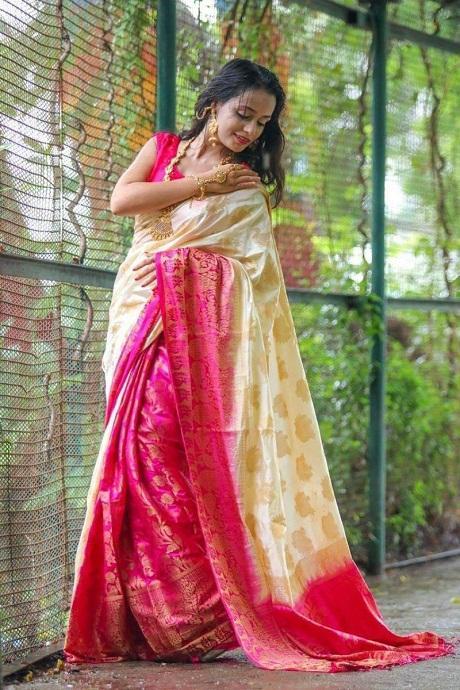 Cream Moonga Kanjivaram pure art Silk Saree With Pink border