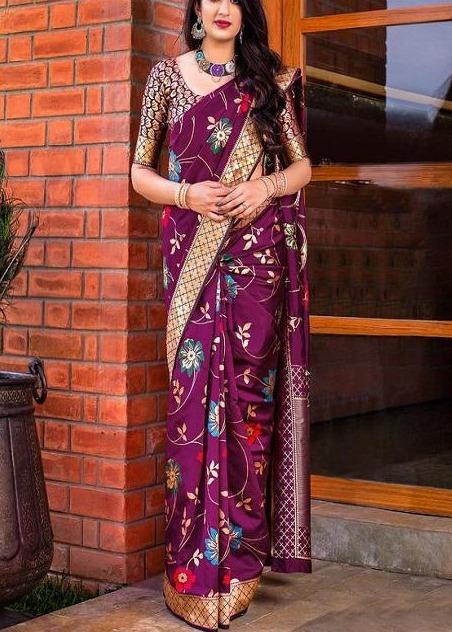 Classic Purple Colored Soft Silk Jacquard Saree for woven