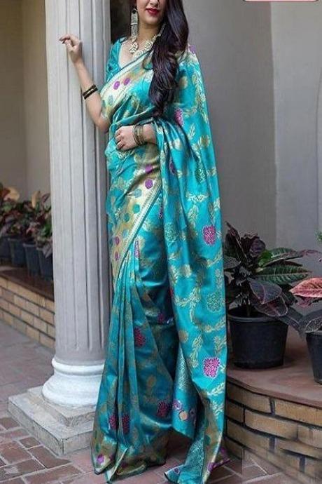 Snobbish Firozi Blue Colored Soft Silk Jacquard Saree SY 5451