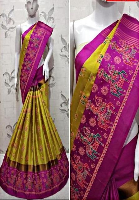 Poly Silk Yellow/Pink  Printed Designer Jacquard Saree SY 4801