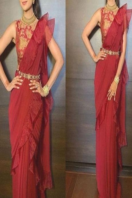 Red Color Party Wear Shining Ruffle Saree SY 5364