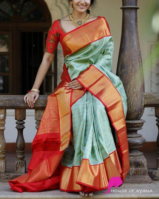 Ferozi and Red Color Soft Silk Designer Jacquard Sari SY 6614