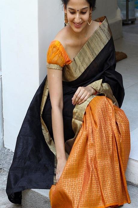 Immaculate Black And Yellow Color Soft Silk Cotton Saree SY 1177