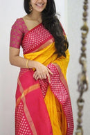 Heavenly Yellow And Red Color Designer soft Silk Saree