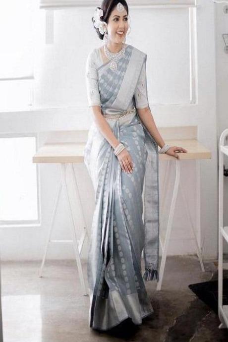 Stylish Light Grey Colour Banarasi Pure Soft DORA VASTRA Pair SY 5740