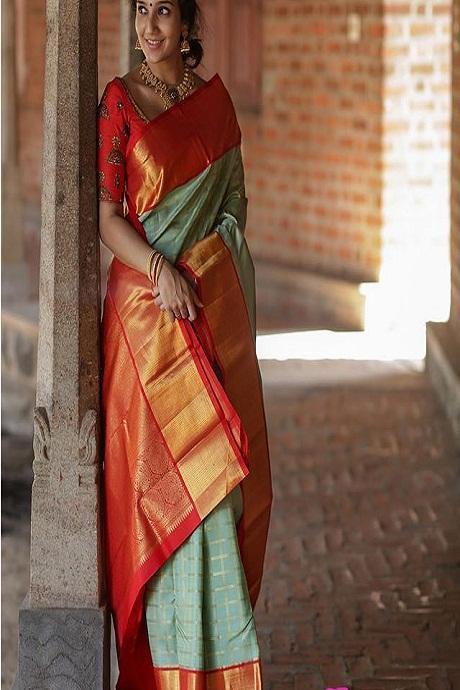 One piece Green Rani colored Silk Fabric Saree