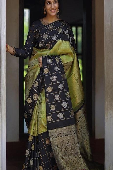 Designer One piece Green Black Silk jacquard Wedding Saree for women