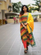 Ikkath suit is vibrant colors and geometric or traditional designs
