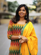 Ikkath suit is vibrant colors and geometric or traditional designs