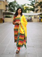 Ikkath suit is vibrant colors and geometric or traditional designs