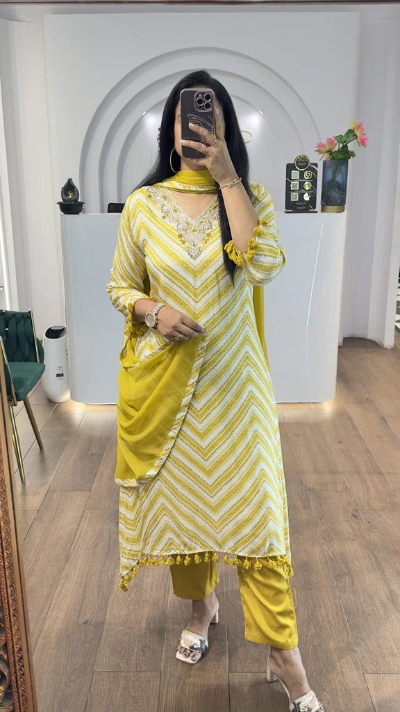 Yellow Printed Pure Cotton Embroided Anarkali Suit