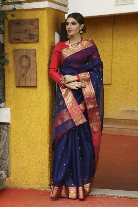 Engrossing Blue and Red Color Soft Silk  Banarasi Sare