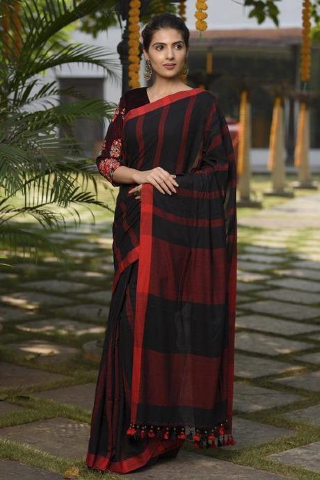 Engrossing Black N Red Color Soft Linen Jacquard Saree