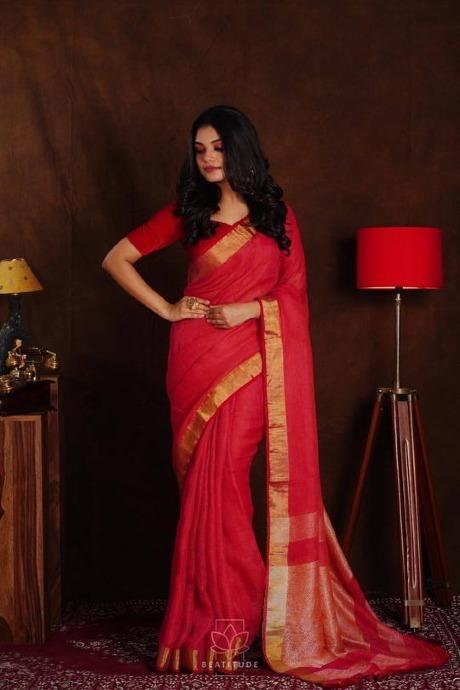 Designer One piece Red Silk Linen Fabric Saree for woven wear collection