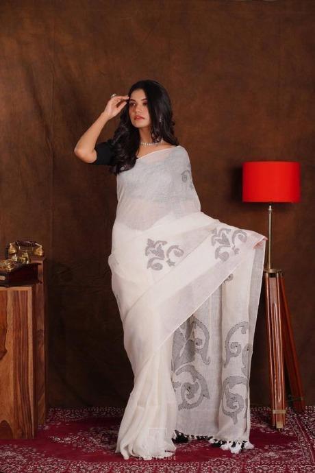 Designer One piece White colored Linen Plain Saree