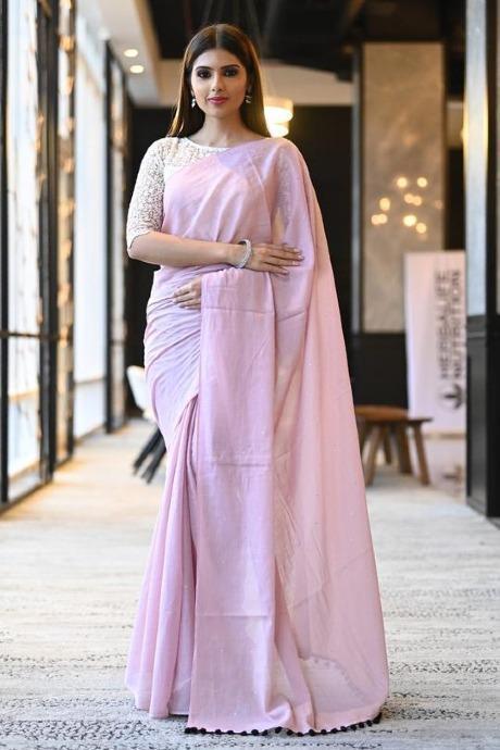 Designer One piece Sky Pink colored Linen Hand Weaving Saree