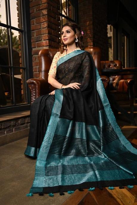 Elegant Black N Batali Color Linen Jacquard  Saree