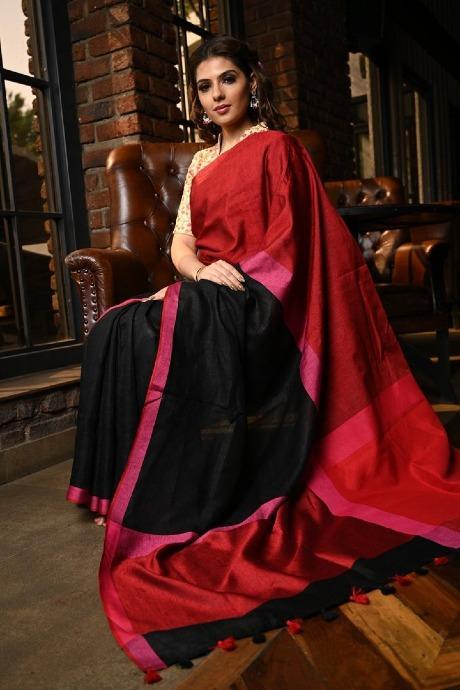 Ethnic Black Shade Handwoven Linen Saree with Blouse