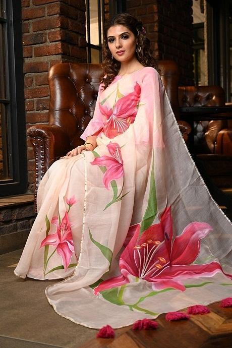 Peach Shade Hand Painted Pure Organza Silk Lilium Exclusive SY 1653