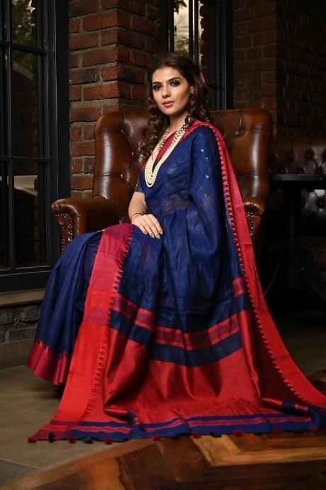 Fanciful Blue N Red Color Soft Linen Silk Jacquard Saree SY 577