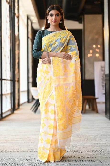 Fanciful Yellow Color Khadi Linen Designer One Piece Jacquard Saree SY 600