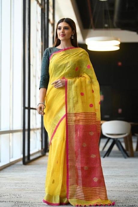 Trendy Yellow Color Soft Linen Silk Designer Printed Saree SY 557