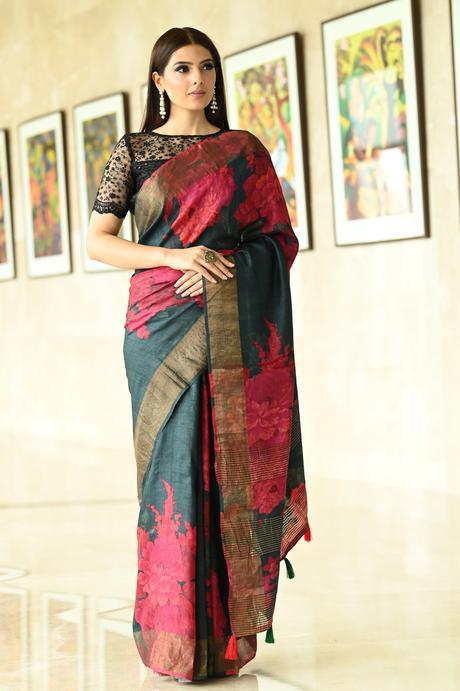 Multicolor Handwoven Printed Tussar Silk Jacquard Saree SY 1597