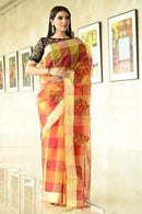 Chex Party Wear Hand Weaving Soft Cotton digital printed saree for dailywear