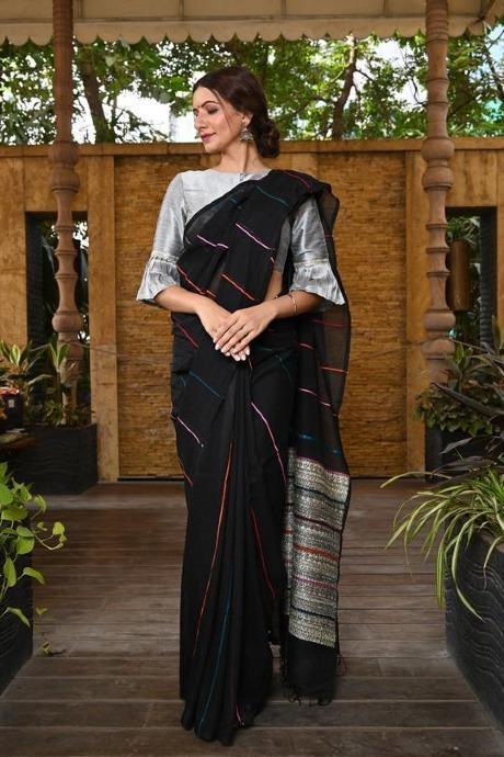 Pure Khadi Ghicha Stripe Linen Designer saree collection for woven