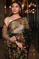 Designer Black Color Stitch Work Linen Saree