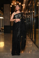 Delightful Black Color Linen Designer Digital Print Plain Saree for woven