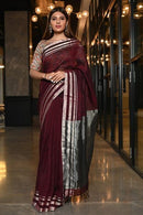 Marron Color Hand Loom Linen Designer Hand Weaving Saree for party wear